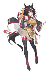 Rule 34 | 1girl, absurdres, ahoge, animal ears, bad id, bad pixiv id, black footwear, black hair, blush, boots, breasts, cleavage, cleavage cutout, clothing cutout, detached sleeves, full body, groin, hand up, highres, horse ears, horse girl, horse tail, kitasan black (umamusume), kouhaku nawa, looking at viewer, medium hair, mooofoo, multicolored hair, open mouth, outstretched arm, panties, pantyshot, red eyes, rope, sash, shimenawa, shirt, simple background, skirt, sleeveless, sleeveless shirt, smile, solo, streaked hair, tail, thigh boots, thighhighs, turtleneck, umamusume, underwear, white background, white panties, wide sleeves, yellow shirt, yellow skirt