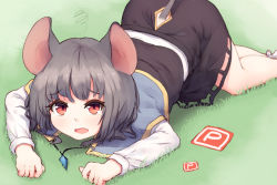Rule 34 | 1girl, all fours, animal ears, ass cutout, black skirt, bobby socks, capelet, clothing cutout, eyebrows, fang, grass, grey hair, jewelry, long sleeves, looking at viewer, mouse ears, mouse tail, nazrin, on ground, open mouth, pendant, power-up, red eyes, shone, short hair, skirt, socks, solo, squiggle, tail, tears, touhou, white socks
