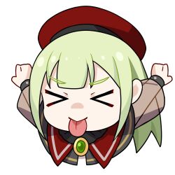 1girl bang_dream! bang_dream!_it&#039;s_mygo!!!!! beret chibi chibi_only closed_eyes commentary dated_commentary green_brooch green_hair hat highres long_hair long_sleeves mortis_(bang_dream!) red_hat simple_background solo tongue tongue_out wakaba_mutsumi white_background yzj21333