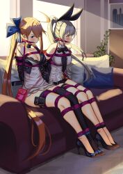 Rule 34 | 2girls, absurdly long hair, absurdres, arms behind back, bdsm, blue eyes, blush, bondage, bound, bound arms, bound legs, breasts, brown eyes, cailin020, choker, cleavage, cleave gag, cloth gag, dirty blonde, dress, fal (girls&#039; frontline), five-seven (girls&#039; frontline), gag, gagged, girls&#039; frontline, grey hair, hair ribbon, high heels, highres, holster, improvised gag, legs, long hair, medium breasts, multiple girls, ribbon, short dress, sidelocks, skirt, thighhighs, thighs, very long hair, zettai ryouiki