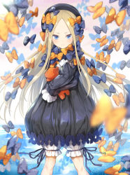 Rule 34 | &gt;:(, 1girl, abigail williams (fate), black dress, black hat, blonde hair, bloomers, blue bow, blue eyes, blurry, blurry foreground, blush, bow, bug, butterfly, closed mouth, commentary request, depth of field, dress, fate/grand order, fate (series), forehead, frown, hair bow, hat, hugging object, insect, long hair, long sleeves, looking at viewer, multiple hair bows, orange bow, parted bangs, polka dot, polka dot bow, sleeves past fingers, sleeves past wrists, solo, standing, stuffed animal, stuffed toy, teddy bear, too many, too many bows, twitter username, tyone, underwear, v-shaped eyebrows, very long hair, white bloomers
