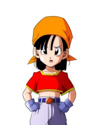 Rule 34 | black eyes, black hair, blue gloves, confused, dragon ball, dragon ball gt, stomach, game cg, gloves, grey pants, hairband, large ears, looking at viewer, navel, open mouth, orange hairband, orange headwear, pan (dragon ball), pants, red shirt, shirt, tagme, yamamoto doujin