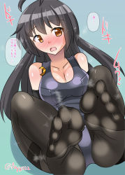 Rule 34 | 1girl, ahoge, alternate breast size, black gloves, black hair, black one-piece swimsuit, black pantyhose, blush, breasts, cleavage, collarbone, covered navel, crescent, elbow gloves, feet, foot focus, foreshortening, gloves, gradient background, green background, hair between eyes, highres, kantai collection, long hair, lying, medium breasts, mikazuki (kancolle), nyx (mebius no wa), old school swimsuit, one-piece swimsuit, open mouth, pantyhose, pantyhose under swimsuit, school swimsuit, shadow, solo, sweatdrop, swimsuit, swimsuit under clothes, thighband pantyhose, twitter username, yellow eyes