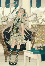 Rule 34 | 1girl, armchair, awning, bad id, bad pixiv id, blonde hair, book, chair, checkered clothes, checkered legwear, coffee table, corset, dress, gloves, hair brush, hairband, high heels, kneehighs, long hair, original, patterned legwear, pigeon-toed, pleated skirt, prehensile hair, princess royale, red eyes, shoes, sitting, skirt, socks, solo, table, tablecloth, tazuma (u283), teapot, tiered serving stand, tree, u283, white gloves