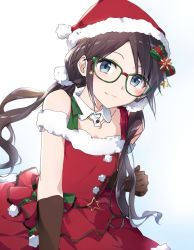 Rule 34 | 1girl, bare shoulders, black hair, blue background, blue eyes, blush, bow, brown gloves, closed mouth, collarbone, detached collar, dress, elbow gloves, fur-trimmed dress, fur-trimmed headwear, fur trim, glasses, gloves, gradient background, green-framed eyewear, hair bow, hat, idolmaster, idolmaster shiny colors, layered dress, long hair, low twintails, mitsumine yuika, multicolored bow, red dress, red hat, santa costume, santa hat, smile, solo, star (symbol), tsuezu, twintails
