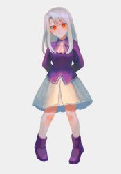 Rule 34 | 1girl, 64kawa4, arms behind back, ascot, blouse, bootie, fate/stay night, fate (series), highres, illyasviel von einzbern, long hair, looking at viewer, purple shirt, red eyes, shirt, simple background, smile, solo, white hair