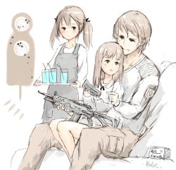 Rule 34 | 1boy, 2girls, ammunition box, apron, assault rifle, bad id, bad pixiv id, blush, brown hair, bullet hole, drink, drinking straw, gun, hair ribbon, long hair, looking at another, looking back, magazine (weapon), milizian!, multiple girls, original, ribbon, rifle, short hair, simple background, sitting, sitting on lap, sitting on person, smile, target, target practice, tray, twintails, weapon, white background, yrafy