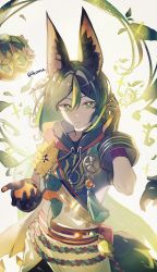 Rule 34 | 1boy, 329kome, animal ear fluff, animal ears, black hair, closed mouth, flower, genshin impact, gloves, green hair, hair between eyes, highres, leaf, looking at viewer, male focus, multicolored hair, open hand, simple background, solo, sparkle, tail, tassel, tighnari (genshin impact), twitter username, vision (genshin impact), yellow flower
