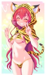 Rule 34 | 1girl, ^ ^, animal hood, animal print, bikini, blush, breasts, capelet, chinese zodiac, cleavage, closed eyes, commentary request, cowboy shot, crossed bangs, double v, eris greyrat, eyebrows hidden by hair, fake tail, gradient background, grin, groin, hair between eyes, hands up, harukaze soyogu, highres, hood, hood up, hooded capelet, long hair, multicolored background, mushoku tensei, navel, red hair, sidelocks, small breasts, smile, solo, standing, stomach, swimsuit, tail, teeth, thick eyebrows, tiger hood, tiger print, tiger tail, underboob, v, year of the tiger, yellow bikini, yellow capelet