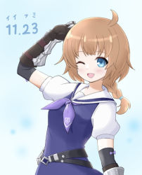 Rule 34 | 1girl, ;d, ahoge, arm at side, arm up, assault lily, belt, black belt, blue background, blue dress, blue eyes, blush, bow, braid, braided ponytail, brown hair, commentary request, date pun, detached sleeves, dress, futagawa fumi, gauntlets, gradient background, inoguchi minto, long hair, looking at viewer, low ponytail, multiple belts, neckerchief, number pun, official alternate costume, one eye closed, open mouth, purple bow, purple neckerchief, sailor collar, short sleeves, single braid, sleeve bow, smile, solo, standing, translated, upper body, white background, white sailor collar