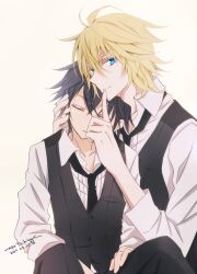 Rule 34 | 2boys, artist name, black hair, black necktie, blonde hair, blue eyes, closed eyes, closed mouth, collared shirt, commentary request, dated, finger to mouth, hair between eyes, hand on another&#039;s head, hyakuya mikaela, hyakuya yuuichirou, index finger raised, long sleeves, multiple boys, necktie, owari no seraph, parted lips, shirt, short hair, simple background, sleeping, tsukimori usako, vest, yaoi