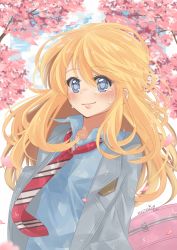 Rule 34 | 1girl, artist name, blonde hair, blue eyes, blue shirt, closed mouth, collar, collared shirt, dated, hair between eyes, highres, jacket, lips, long hair, long sleeves, looking at viewer, miyazono kawori, necktie, neckwear request, red necktie, rintanuu, school uniform, shigatsu wa kimi no uso, shirt, simple background, smile, solo, tears, upper body