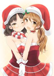 Rule 34 | 10s, 2girls, :d, bare shoulders, black hair, blush, breast press, breasts, brown eyes, brown hair, cheek-to-cheek, christmas, cleavage, collar, corset, dress, eyewear strap, fang, female focus, glasses, gloves, hat, heads together, holding hands, holly, interlocked fingers, kantai collection, large breasts, littorio (kancolle), long hair, looking at viewer, looking back, mistletoe, multiple girls, one eye closed, open mouth, ponytail, red dress, roma (kancolle), santa hat, scarf, sidelocks, skirt, smile, strapless, strapless dress, symmetrical docking, tonari (ichinichime azuma), white gloves, yuri