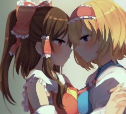 2girls alice_margatroid ascot bad_id bad_twitter_id blonde_hair blue_eyes blurry blush bow breast_press breasts brown_eyes brown_hair depth_of_field detached_sleeves eye_contact hair_bow hair_tubes hairband hakurei_reimu holding_hands interlocked_fingers karasusou_nano long_hair looking_at_another medium_breasts multiple_girls ponytail profile red_bow short_hair sidelocks simple_background symmetrical_docking touhou upper_body yuri