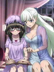 Rule 34 | 2girls, artist request, bed, black hair, blue eyes, blush, book, breasts, cleavage, closed mouth, glasses, green hair, hair ornament, hair ribbon, hat, indoors, large breasts, lingerie, long hair, looking at viewer, multiple girls, negligee, nightcap, nightgown, official art, on bed, open mouth, prelati (symphogear), ribbon, saint-germain (symphogear), senki zesshou symphogear, short hair, small breasts, smile, twintails, underwear, window, yuri