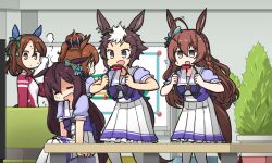 Rule 34 | 5girls, :d, = =, ahoge, animal ears, aston machan (umamusume), bow, bowtie, brown eyes, brown hair, controller, crown, ear bow, ear covers, game controller, green bow, grey eyes, hair between eyes, hair bow, hamu koutarou, highres, holding, holding controller, holding game controller, horse ears, horse girl, horse tail, horseshoe ornament, jacket, king halo (umamusume), long hair, mejiro bright (umamusume), mejiro dober (umamusume), mejiro ryan (umamusume), mini crown, multicolored hair, multiple girls, open mouth, puffy short sleeves, puffy sleeves, purple bow, purple bowtie, purple serafuku, purple shirt, red jacket, red track suit, sailor collar, sailor shirt, school uniform, serafuku, shaded face, shirt, short hair, short sleeves, smile, striped, striped bow, tail, thighhighs, towel, tracen school uniform, tracen training uniform, track jacket, two-tone hair, umamusume, wavy hair, white bow, white hair, white thighhighs, white towel