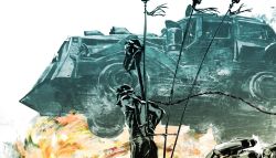 Rule 34 | absurdres, bound, flag, highres, mad max, mad max: fury road, max rockatansky, miwa shirow, motor vehicle, solo focus, tied up (nonsexual), truck, vehicle, war rig