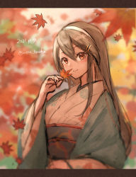 Rule 34 | 1girl, alternate costume, autumn leaves, black hair, brown eyes, commentary request, dated, floral print, hair ornament, hairclip, haruna (kancolle), holding, japanese clothes, kantai collection, kimono, long hair, looking at viewer, one-hour drawing challenge, shawl, solo, twitter username, upper body, white kimono, wss (nicoseiga19993411)