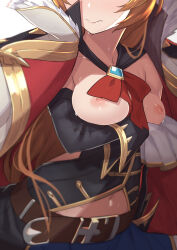 Rule 34 | 1girl, belt, belt buckle, blush, bow, breast focus, breasts, breasts out, brown hair, buckle, cape, crossed arms, female focus, granblue fantasy, head out of frame, highres, lecia (granblue fantasy), medium breasts, morisobo, navel, nipples, open clothes, red bow, simple background, solo, sweat, white background
