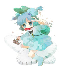 Rule 34 | 1girl, backpack, bag, basket, blue eyes, blue hair, blush, chaba (hortensia), female focus, full body, holding, kawashiro nitori, long sleeves, looking at viewer, matching hair/eyes, simple background, solo, touhou, twintails, two side up, white background, wrench