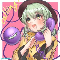 Rule 34 | 1girl, :d, artist name, black hat, blush, border, commentary request, english text, green eyes, green hair, hair between eyes, hands up, hat, heart, heart of string, highres, holding, holding phone, komeiji koishi, long sleeves, looking up, one-hour drawing challenge, open mouth, outside border, phone, pink background, shirt, short hair, simple background, smile, solo, third eye, touhou, twitter username, upper body, white border, wide sleeves, yayoi maka, yellow shirt