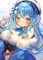 Rule 34 | 1girl, ahoge, bare shoulders, blue bow, blue bowtie, blue eyes, blue nails, blush, bow, bowtie, breasts, brooch, center frills, chikuwa (tikuwaumai ), commentary request, dress, flower, frills, fur trim, grey background, hair between eyes, hair flower, hair ornament, half updo, highres, hololive, jewelry, large breasts, long hair, looking at viewer, nail polish, off shoulder, pointy ears, simple background, sketch, snowflakes, solo, upper body, virtual youtuber, wavy mouth, white dress, white flower, white headwear, yellow eyes, yukihana lamy