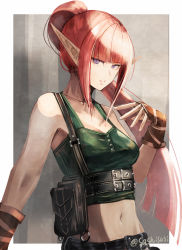 Rule 34 | 1girl, blunt bangs, breasts, cleavage, collarbone, floating hair, green tank top, groin, long hair, medium breasts, midriff, navel, open mouth, original, pink hair, pointy ears, ponytail, purple eyes, solo, stomach, sushi (sashimise), tank top, twitter username, upper body, very long hair