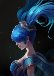Rule 34 | 1girl, black background, blue dress, blue hair, breasts, closed mouth, commentary request, dress, floating hair, from side, gradient background, hair ornament, hair over one eye, highres, large breasts, league of legends, long hair, qi fen tang, solo, sona (league of legends), twintails, upper body