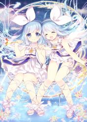 Rule 34 | 2girls, absurdres, ame usari, angel wings, bad id, bad pixiv id, blue eyes, blue hair, character request, dress, closed eyes, holding hands, highres, holding, instrument, knees together feet apart, leaning forward, long hair, multiple girls, open mouth, ribbon, sandals, short dress, siblings, sisters, sitting, smile, sound voltex, thigh gap, trumpet, twins, white dress, wings