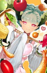 Rule 34 | 1girl, apron, aqua hair, blush, chopsticks, closed mouth, commentary request, curled horns, dragon horns, dress, fate/grand order, fate (series), food, green horns, grey dress, highres, horns, larva tiamat (fate), long hair, looking at viewer, pink apron, pink eyes, pointy ears, poteto (toshiko63011), sleeves past fingers, sleeves past wrists, smile, solo, symbol-shaped pupils, tiamat (fate), tomato, x-shaped pupils, x x