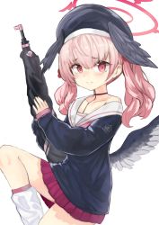 Rule 34 | 1girl, black hat, black wings, blue archive, blush, gun, halo, hat, head wings, highres, holding, holding gun, holding weapon, koharu (blue archive), long hair, long sleeves, looking at viewer, mg42cat-k1ng, neckerchief, pink eyes, pink hair, pink neckerchief, pink skirt, pleated skirt, sailor collar, skirt, sleeves past wrists, socks, solo, weapon, white background, white socks, wings