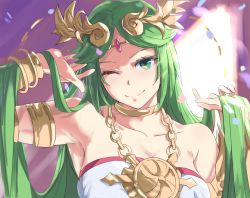 Rule 34 | 1girl, ancient greek clothes, arm up, armlet, armpits, bare shoulders, blush, bracelet, bracer, breasts, chiton, circlet, cleavage, closed mouth, collarbone, dress, female focus, green eyes, green hair, hand up, head tilt, headpiece, highres, holding, holding hair, jewelry, kid icarus, kid icarus uprising, large breasts, long hair, looking at viewer, lots of jewelry, neck, neck ring, necklace, nintendo, one eye closed, palutena, parted bangs, pendant, smile, solo, strapless, strapless dress, super smash bros., tiara, tomas (kaosu22), upper body, very long hair, white dress, wink