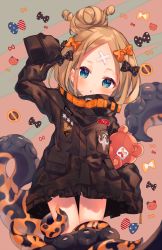 Rule 34 | 1girl, :o, abigail williams (fate), abigail williams (traveling outfit) (fate), american flag, american flag print, ana (rznuscrf), animal print, arm up, black bow, black jacket, blonde hair, blue eyes, blush, bow, commentary request, fate/grand order, fate (series), flag print, hair bow, hair bun, head tilt, jacket, long hair, long sleeves, looking at viewer, hugging object, official alternate costume, orange bow, parted bangs, parted lips, polka dot, polka dot bow, single hair bun, sleeves past fingers, sleeves past wrists, solo, stuffed animal, stuffed toy, suction cups, teddy bear, tentacles, tiger print