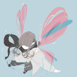 Rule 34 | 1girl, absurdres, black footwear, black scarf, blue background, brown hair, butterfly wings, fake wings, from above, grey jacket, grey pants, highres, holding, holding paintbrush, insect wings, jacket, long bangs, long hair, long sleeves, looking ahead, nocopyrightgirl, open clothes, open jacket, original, outstretched arm, paint splatter, paintbrush, painting (action), pale skin, pants, scarf, shoes, sidelocks, simple background, solo, wings