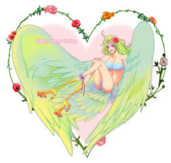 Rule 34 | 1girl, ankle garter, bad id, bad pixiv id, bikini, blue eyes, blush, breasts, cleavage, feathered wings, female focus, flower, frilled bikini, frills, green hair, hair flower, hair ornament, harpy, heart, large breasts, long hair, looking at viewer, monet (one piece), monster girl, one piece, rose, smile, solo, swimsuit, tsunta, wavy hair, winged arms, wings