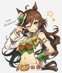 Rule 34 | 1girl, ahoge, animal ears, armband, blush, breasts, brown hair, choker, crop top, cropped jacket, cropped torso, green eyes, green shirt, grin, hair between eyes, hair ornament, hairclip, hand on own hip, hand up, hat, highres, horse ears, horse girl, horse tail, hotechige, jacket, long hair, looking at viewer, midriff, mini hat, mini top hat, mr. c.b. (umamusume), navel, open clothes, open jacket, shirt, signature, simple background, single sleeve, single wrist cuff, small breasts, smile, solo, star (symbol), tail, top hat, translation request, umamusume, upper body, white background, white jacket, wrist cuffs