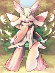 Rule 34 | 10s, 1girl, antennae, arthropod girl, bad id, bad pixiv id, blunt bangs, covering own mouth, creatures (company), game freak, gen 7 pokemon, kneeling, koutetsu (fe steel stone), leotard, looking at viewer, lurantis, mantis, monster girl, nintendo, pants, personification, pink eyes, pink hair, pink pants, plant girl, pokemon, pokemon sm, praying mantis, short hair, solo, striped clothes, striped pants