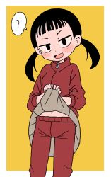 Rule 34 | 1girl, ?, absurdres, black hair, clothes lift, copyright request, highres, huzinadayo, lifting own clothes, pants, pants under skirt, simple background, skirt, skirt lift, solo, spoken question mark, track suit, twintails