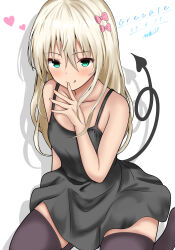 Rule 34 | 1girl, abataa, absurdres, alternate costume, black dress, black thighhighs, blonde hair, demon tail, dress, flat chest, grecale (kancolle), green eyes, hair ornament, hairclip, highres, kantai collection, long hair, one-hour drawing challenge, simple background, solo, spaghetti strap, tail, thighhighs, tongue, tongue out, wavy hair, white background