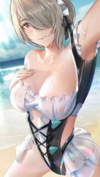 Rule 34 | 1girl, beach, black ribbon, blue sky, blush, breasts, brown hair, cleavage, day, eleaaa, frilled swimsuit, frills, hair over one eye, hair ribbon, honkai (series), honkai impact 3rd, large breasts, looking at viewer, maid, maid headdress, maid one-piece swimsuit, ocean, one-piece swimsuit, outdoors, purple eyes, reaching, reaching towards viewer, ribbon, rita rossweisse, rita rossweisse (icy sea spray), rita rossweisse (phantom iron), sand, selfie, sky, smile, solo, sunlight, swimsuit, taking picture, twitter username, unconventional maid, wet, wet clothes, wet swimsuit