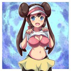 Rule 34 | 1girl, artsheops, black pantyhose, blue background, blue eyes, blush, bra, breasts, brown hair, cleavage, clothes lift, creatures (company), double bun, game freak, hair bun, heart, heart-shaped pupils, highres, large breasts, looking at viewer, navel, nintendo, open mouth, pantyhose, pink bra, pokemon, pokemon bw2, rosa (pokemon), shirt lift, sidelocks, skirt, smile, solo, symbol-shaped pupils, twintails, underwear, visor cap