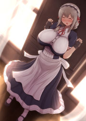 Rule 34 | 1girl, apron, black gloves, blush, breasts, curtains, dot nose, dress, closed eyes, female focus, fingerless gloves, full body, gloves, highres, huge breasts, indoors, light, maid, maid apron, maid headdress, mature female, open mouth, ponponmaru, shoes, silver hair, smile, socks, solo, standing, taut clothes, taut dress, uzaki-chan wa asobitai!, uzaki tsuki, w arms, white apron, window, wooden floor