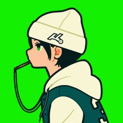 Rule 34 | 1girl, beanie, drawstring, expressionless, green background, green eyes, hat, highres, hood, hood down, miyoshi yoshimi, mouth hold, original, second-party source, simple background, solo, upper body, white hat