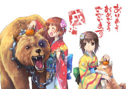 Rule 34 | 10s, 2girls, alternate costume, bear, brown eyes, brown hair, chain, collar, dog, flower, food, fruit, girls und panzer, hair flower, hair ornament, japanese clothes, kimono, multiple girls, new year, nishizumi maho, nishizumi miho, open mouth, orange (fruit), sharp teeth, short hair, siblings, sisters, spiked collar, spikes, standing, teeth, temurei (vovovov), translation request, white background