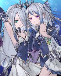 Rule 34 | 2girls, absurdres, arm up, armpits, blue dress, breasts, bubble, dress, duel monster, fins, glint, green eyes, grey hair, head fins, highres, holding hands, lock, long hair, multiple girls, nandesu, open mouth, purple eyes, sleeves past wrists, small breasts, tearlaments havnis, tearlaments scheiren, tiara, twintails, upper body, yu-gi-oh!