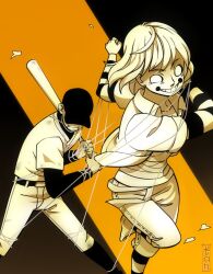 1boy 1girl arms_up bandaged_chest bandages baseball_bat baseball_cap baseball_jersey baseball_uniform belt belt_buckle bound buckle clenched_teeth collarbone collared_shirt fighting grin hair_between_eyes hat holding holding_baseball_bat jersey layered_clothes layered_sleeves long_sleeves no_pupils off_(game) open_clothes open_shirt pants shirt short_hair short_over_long_sleeves short_sleeves smile sportswear standing standing_on_one_leg string sucre_(off) tanblaque teeth the_batter_(off) tied_up_(nonsexual) uneven_eyes white_eyes wing_collar