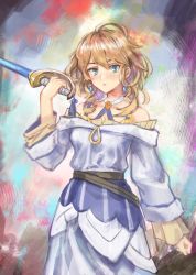 Rule 34 | 1girl, bare shoulders, blonde hair, blue eyes, blush, breasts, cecilia (world flipper), closed mouth, collarbone, cowboy shot, curly hair, earrings, female focus, hand up, highres, holding, holding sword, holding weapon, jewelry, level9kaito, light blush, long sleeves, medium hair, off-shoulder shirt, off shoulder, official alternate costume, shirt, sidelocks, skirt, small breasts, solo, standing, sword, weapon, white shirt, white skirt, world flipper