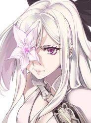 Rule 34 | 1girl, bare shoulders, bow, breasts, drag-on dragoon, drag-on dragoon 3, dress, flower, flower eyepatch, flower over eye, hair bow, long hair, looking at viewer, medium breasts, red eyes, serious, solo, white background, white hair, zero (drag-on dragoon)