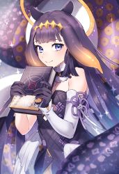 Rule 34 | 1girl, ao-chan (ninomae ina&#039;nis), bad id, bad pixiv id, black dress, blunt bangs, blush, book, clover print, collarbone, cutout above navel, detached collar, detached sleeves, dress, feathered wings, flat chest, fur collar, gem (symbol), gloves, hair ornament, half gloves, heart, heart print, holding, holding book, hololive, hololive english, light particles, long hair, looking at viewer, low wings, mole, mole under eye, multicolored hair, ninomae ina&#039;nis, ninomae ina&#039;nis (1st costume), peta (snc7), purple eyes, purple gloves, sidelocks, single sleeve, smile, solo, sparkle, streaked hair, tentacles, upper body, virtual youtuber, wings