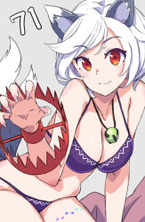 Rule 34 | 1girl, animal ears, bear trap, bikini, breasts, cleavage, closed mouth, dog ears, dog tail, fingernails, grey background, grey hair, highres, jack (wkm74959), large breasts, long fingernails, looking at viewer, mitsugashira enoko, multiple tails, one-hour drawing challenge, purple bikini, red eyes, sharp fingernails, short hair, simple background, smile, solo, swimsuit, tail, touhou